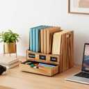 Wood File Organizer for Desk, 3-Section Vertical Folder Holder with Drawer, Upright Binder Rack Stand with Chalkboard Label, Tabletop Magazine Document Sorter for Office Home