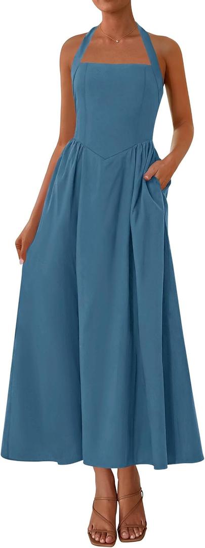 KIRUNDO Summer Dresses for Women 2026 Halter Maxi Wedding Guest Party Cocktail Semi Formal Elegant Classy Long Sundress (Blue, L)
