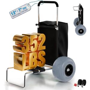 PYY Beach Cart for Sand with Big Balloon Wheels, 352LBS Loading Capacity, Aluminum Lightweight Folding Dolly Wagon Trolley Buggy with 13" TPU Tires, 15"*23" Large Cargo Deck, 33"-51.6" Rubber Handle
