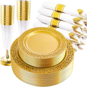 DaYammi 210PCS Solid Gold Disposable Plates with Gold Plastic Silverware and Cups for Party, Plastic Plates Include: 30 Dinner Plates 30 Dessert Platos 30 Rolled Napkins with Cutlery 30 Cups