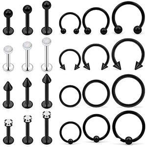 24Pcs Assorted Size 16G Lip Rings for Women Men Surgical Steel Medusa Piercing Jewelry Labret Studs CZ Diamond Opal Daith Tragus Forward Helix Earrings Septum Rings
