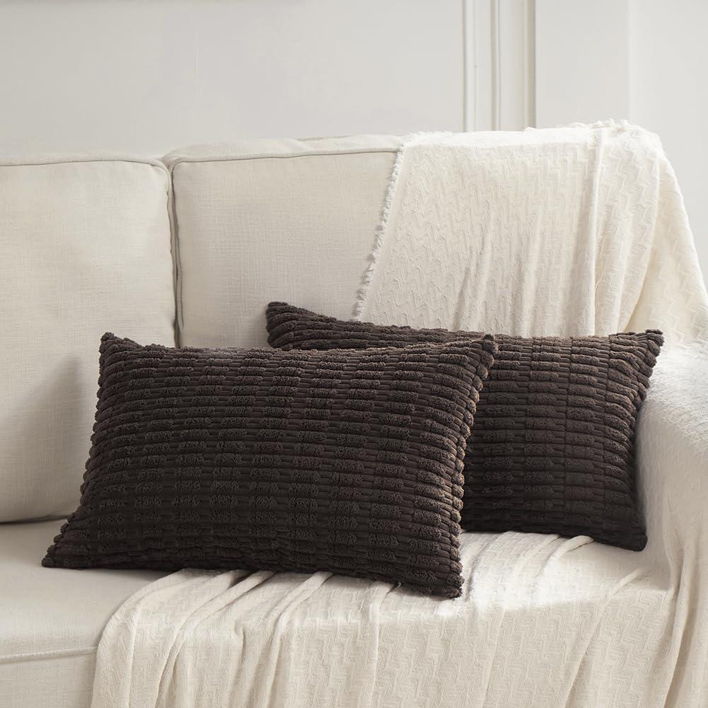 Fancy Homi 2 Packs Dark Brown Lumbar Decorative Throw Pillow Covers 12x24 Inch for Living Room Couch Bed Sofa, Rustic Farmhouse Boho Home Decor, Soft Striped Corduroy Rectangle Cushion Case 30x60 cm