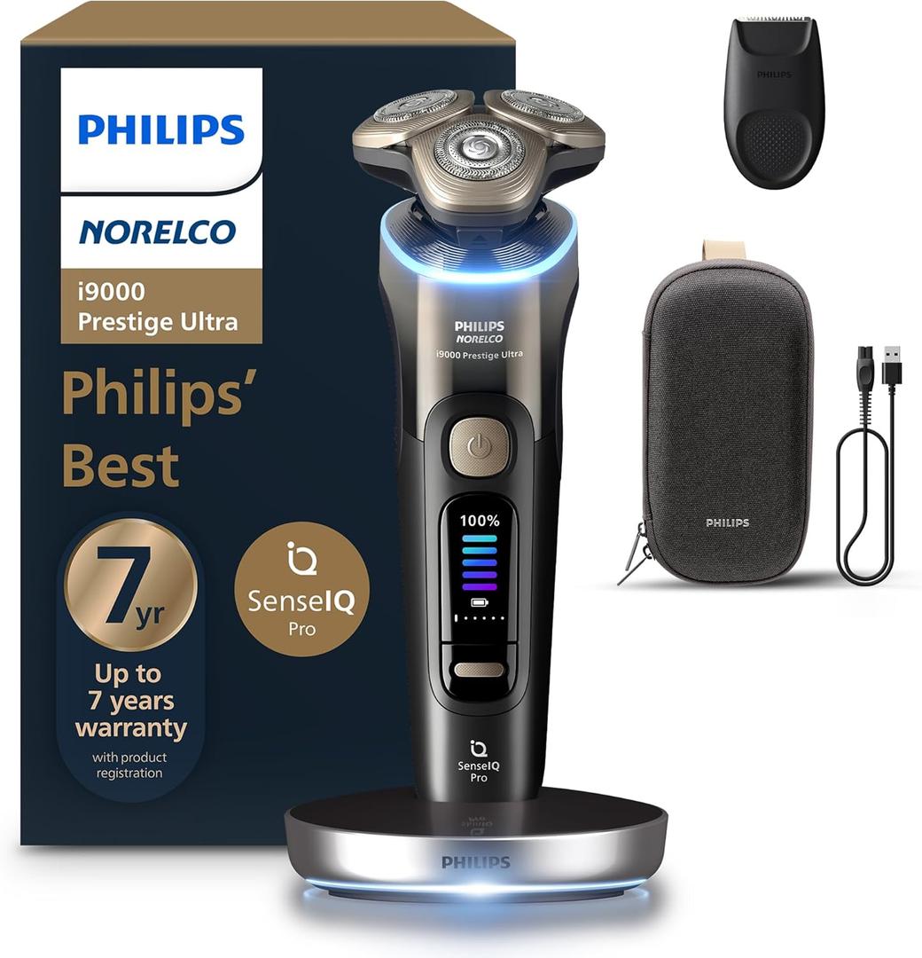 Philips Norelco Shaver i9000 Prestige Ultra, Wet & Dry Electric Shaver, Black Gradient, SenseIQ Pro Technology, Triple Lift & Cut System, 360 Rotating NanoTech Precision Blades, 5 Modes, XP9405/84 (i9000 Prestige + Charge Stand & Trimmer)