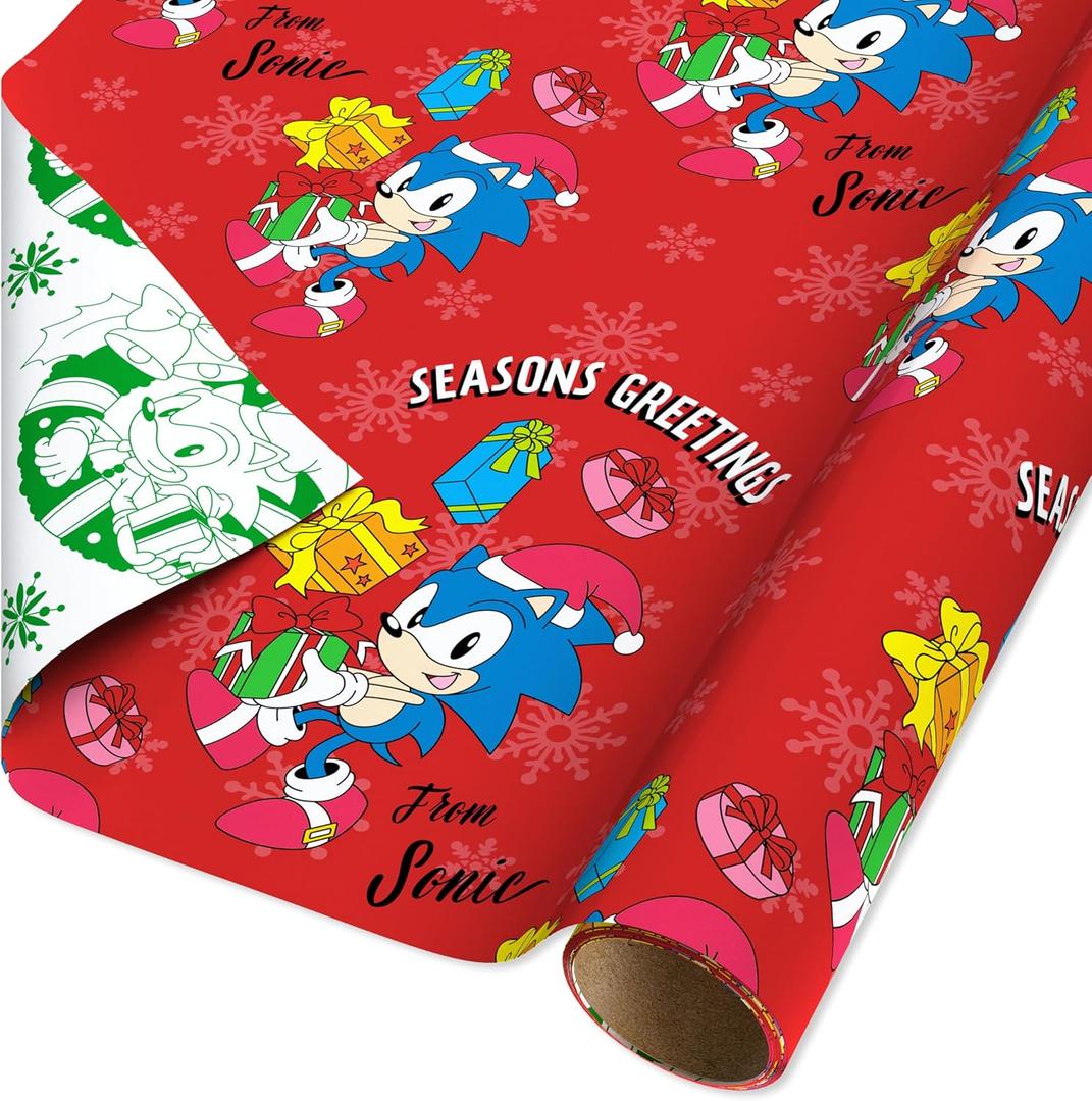 American Greetings Kids Christmas Wrapping Paper, Sonic the Hedgehog Wrapping Paper Christmas Roll, Red and White Gift Wrap (1 Reversible Roll, 75 sq. ft.) Sonic, Presents, Snowflakes (SR 30 75SQ PR FSC XM SONIC)