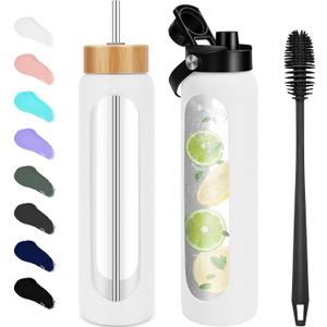 32 oz Glass Water Bottles - 1 Liter Motivational Tumbler Water Bottle Time Marker - Borosilicate Glass Water Bottle With Silicone Sleeve and 2 Lids, Handle Spout & Bamboo Straw Lid (White)