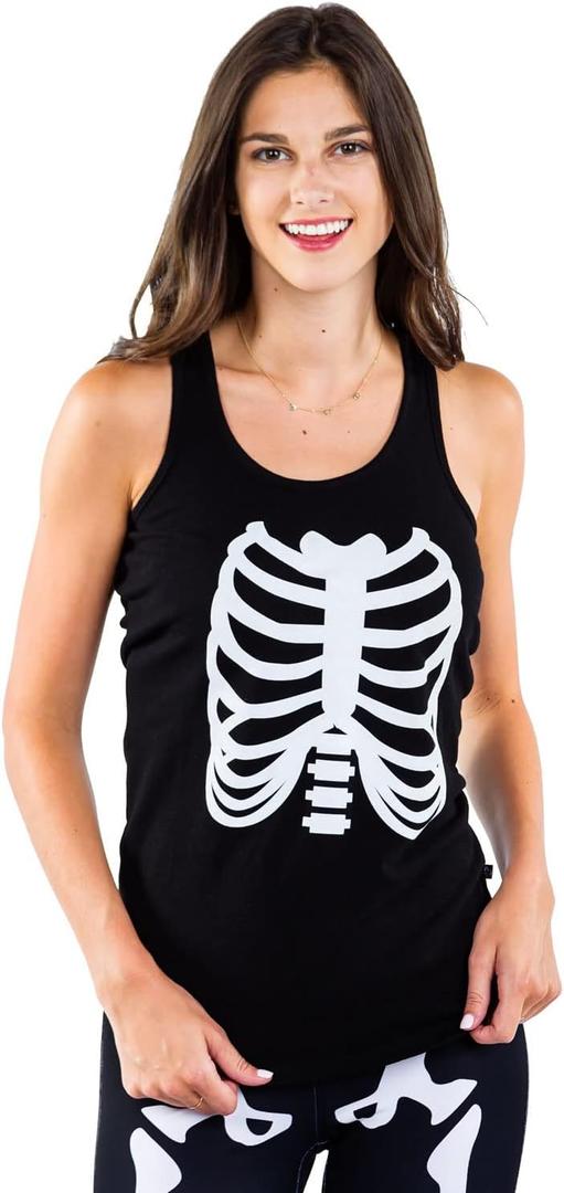 Tipsy Elves Halloween Womens Skeleton Costume Shirt - Cute and Spooky Adult Womens Skeleton Tops - Front Printed Ribcage (Medium, Black)