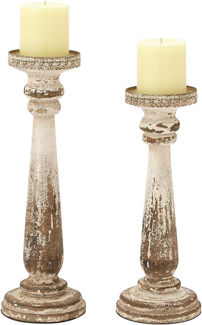 Deco 79 Wood Distressed Pillar Candle Holder, Set of 2 13", 15"H, Brown