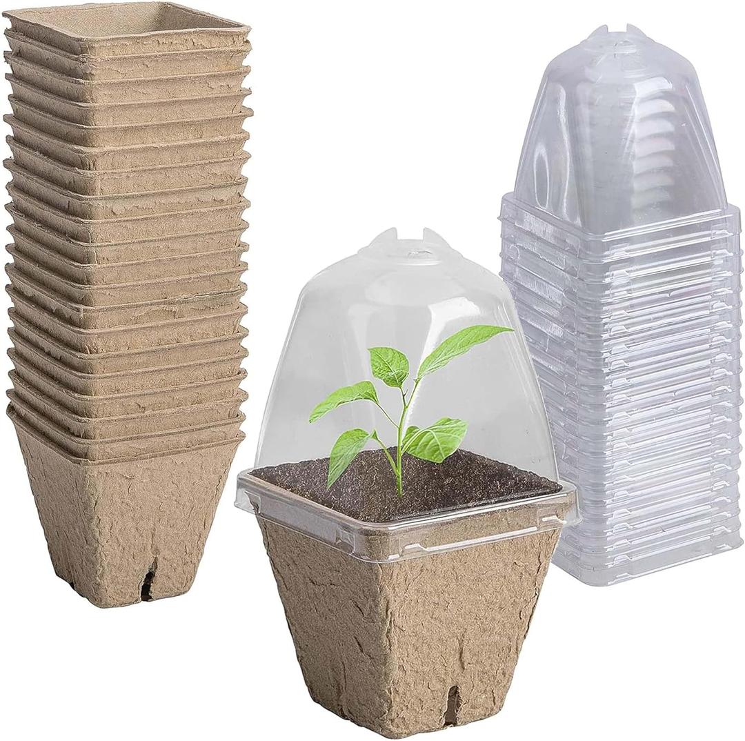 Purple Star 20 Pcs Biodegradable Nursery Pots with Humidity Dome- 2.3 Inch Square Seeding Starter Pot for Planting- Peat Pots for Seedlings Garden Vegetable Flower Germination