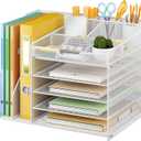 Lavatino 5-Tier Desk Organizer with 2 File Holders, Metal Adjustable Paper Letter Tray for Office or Home Desk Organizers and Accessories | 7 Flexible Dividers Keep Workspace Supplies Neat, White