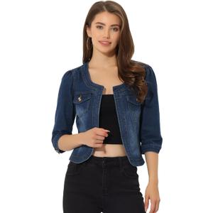 Allegra K Denim Jacket for Women's Collarless 2025 Cardigan 3/4 Sleeve Crop Jean Jackets