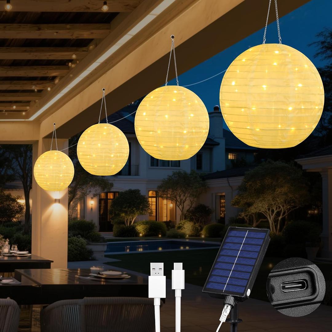 Solar Lantem String Lights Outdoor, 4 Pack 12inch Large Waterproof Hanging Lanterns with 160LED Warm White Light,USB Rechargeable Fairy Lights for Patio Garden Party Wedding Decor