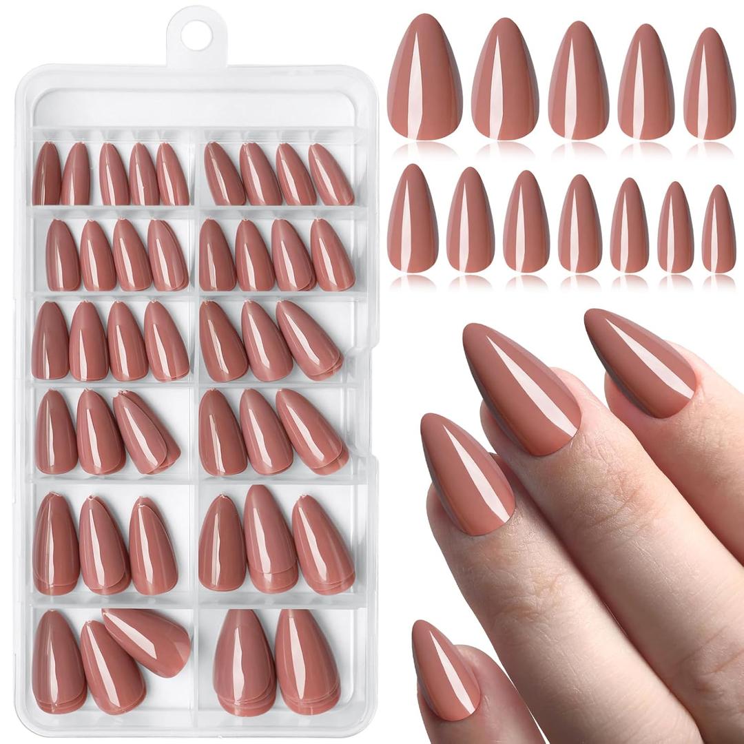 Brown Red Press on Nails Almond with Nail Tabs,120pcs Medium Almond Press on Nails,12 Sizes Glossy Brown Red Medium Fake Nails, Full Cover Acrylic Nails Press ons for Women