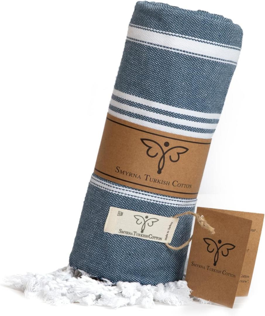 SMYRNA TURKISH COTTON Beach Blanket – Sand-Free Oversized Beach Throw 50x60 – Quick-Dry Lightweight Turkish Towel for Beach, Pool, Picnic & Outdoor Travel – Eco-Friendly Recycled Cotton, Navy