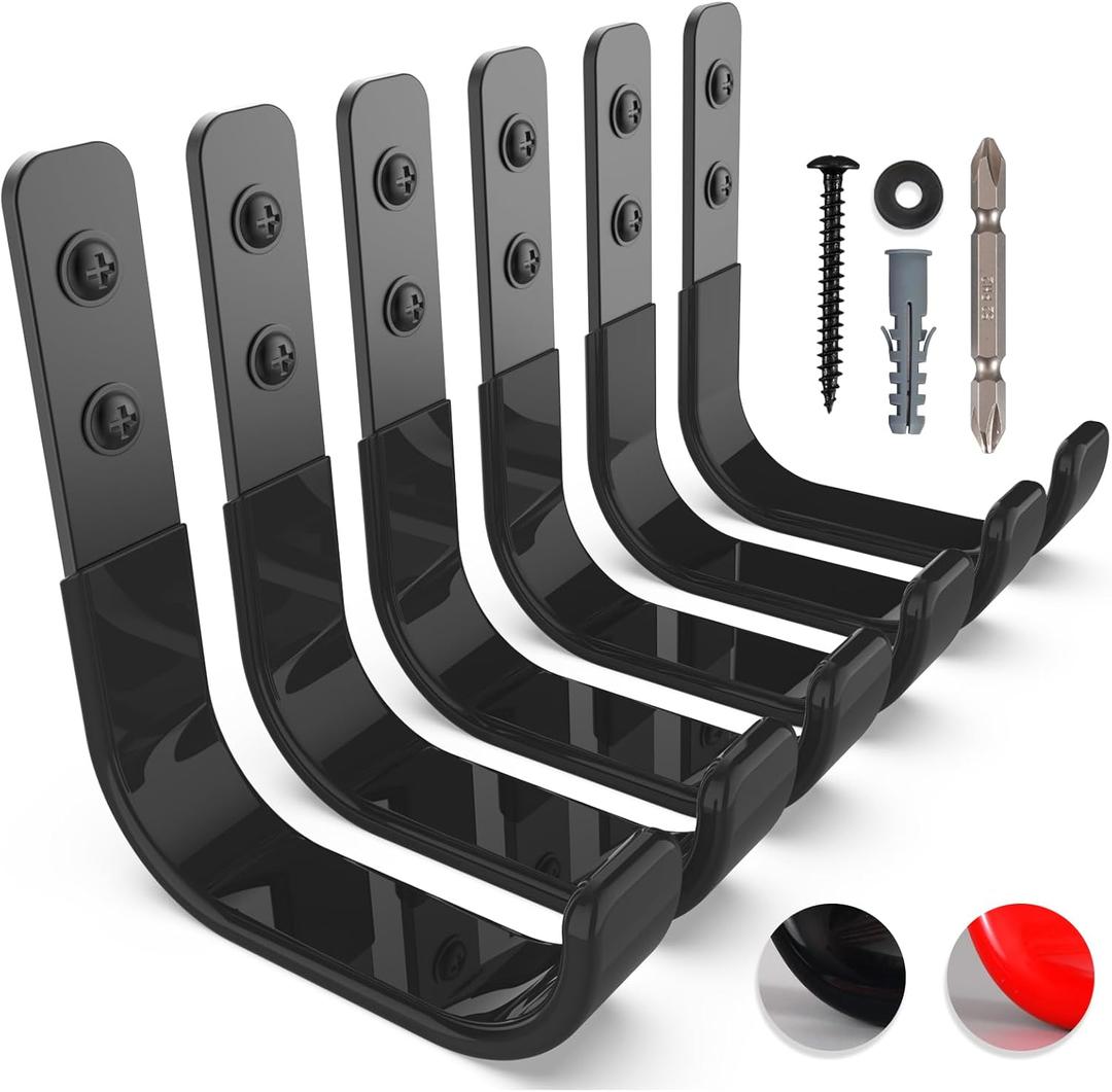 Garage Hooks 4 Inch, 6 Pack Heavy Duty Wall Hooks for Hanging, Ladder Hangers for Garage Wall Mount, Steel J Utility Garden Hose Holder Tool Organizers and Storage(55lbs) (Black)