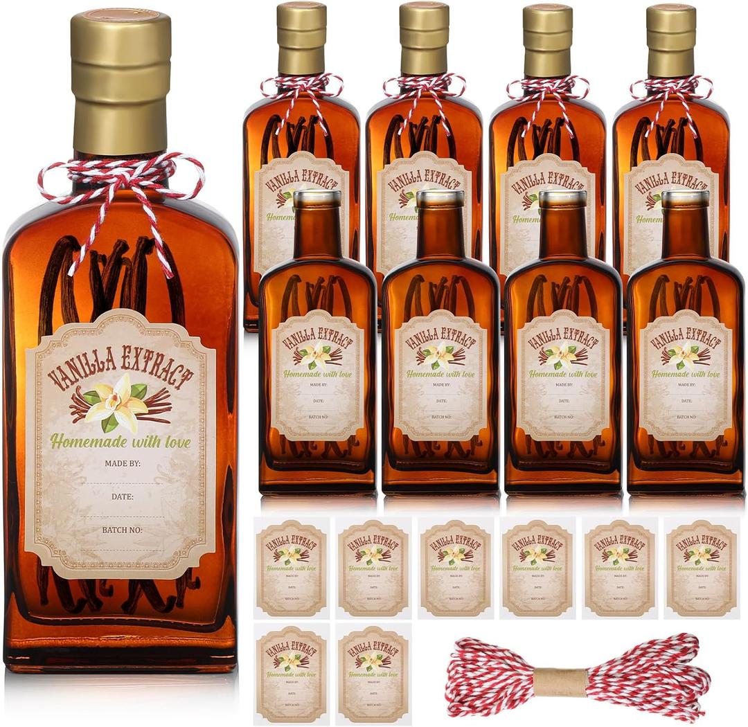 Suclain 8 Pack 8.5 oz Amber Glass Bottle for Vanilla Extract Homemade, Brown Vanilla Extract Bottles with Airtight Lid and Stickers for Syrup Gift Food Storage Canister Christmas Small Gift(Gold)