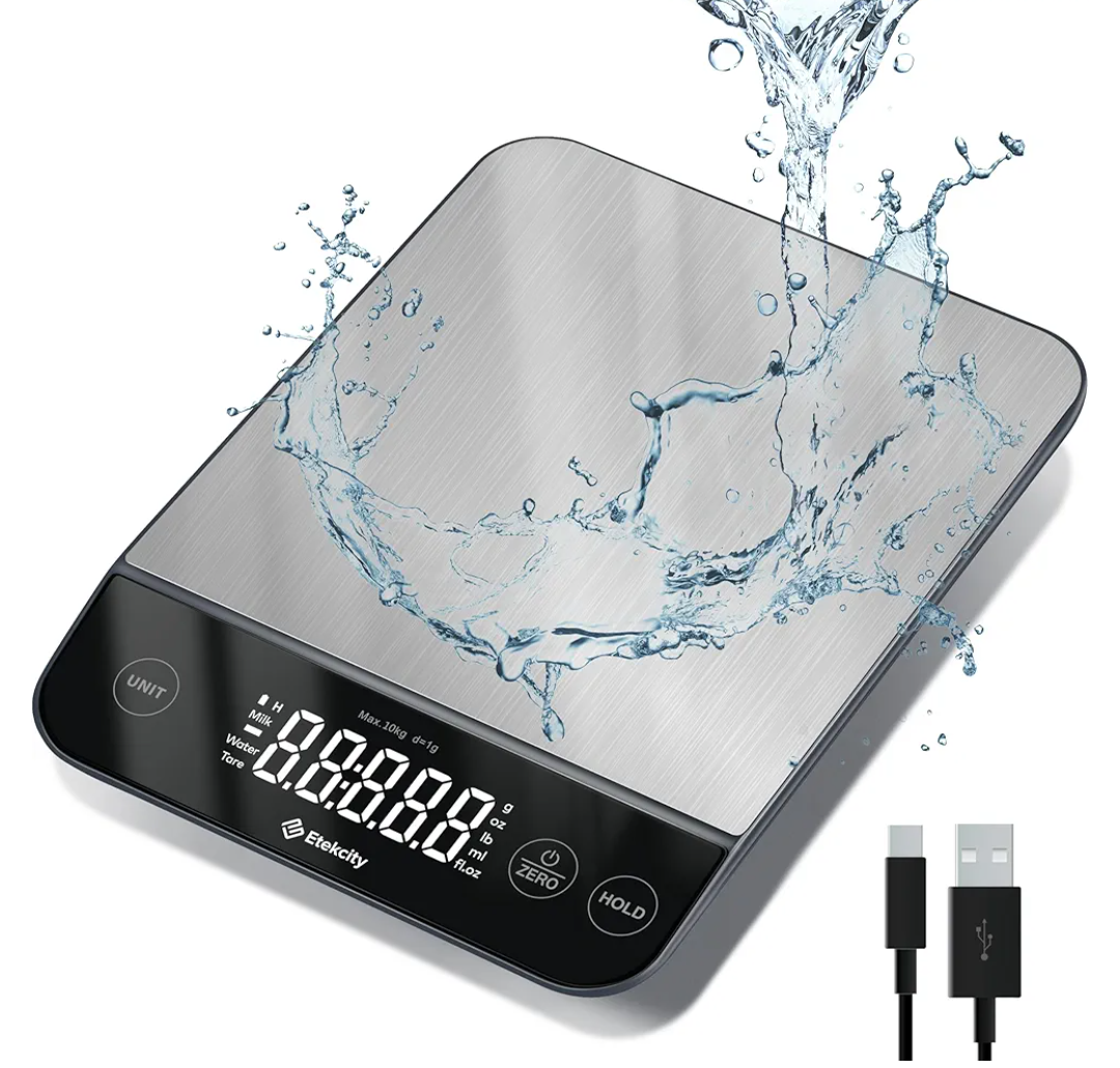 Etekcity Digital Food Kitchen Scale, Grams and Oz for Weight Loss, Baking and Cooking, 0.05oz/1g Precise Graduation,5 Weight Units, IPX6 Waterproof, USB Rechargeable,304 Stainless Steel-Silver, 22lb