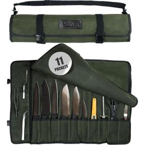 Asaya Waxed Canvas Chef Knife Roll Bag with 10 Slots and a Zipper Pocket - Professional Chef Knife Bag & Storage Case, with Shoulder Strap - Knives Not Included (Forest Green)