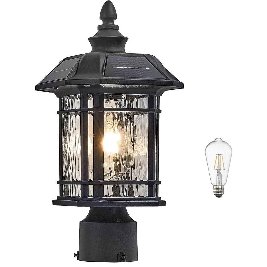 Solar Lamp Post Light with Water Ripple Glass Dusk to Dawn Waterproof Pole Lights Outdoor 18.3 Inch Height Large Aluminum Solar Lights Outdoor Post Include Remote Control and LED Bulb (Black)