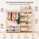 Amdermi Montessori Kids Wardrobe and Toy Storage Organizer with Bins, Wooden Toddler Dress Up Clothes Rack, Open Closet with Shoe Shelves for Childrens Bedroom and Playroom, Natural Wood, 55" x 15" x 51"