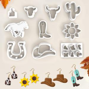 Tuitessine Clay Cutters Kit 10PCS Polymer Earring Making Tools Western Cow Bull Skull Cactus Sunflower Embossing Shape Cutting Cowgirl Hat Cowboy Boots Jewelry Modeling DIY Supplies (Western)