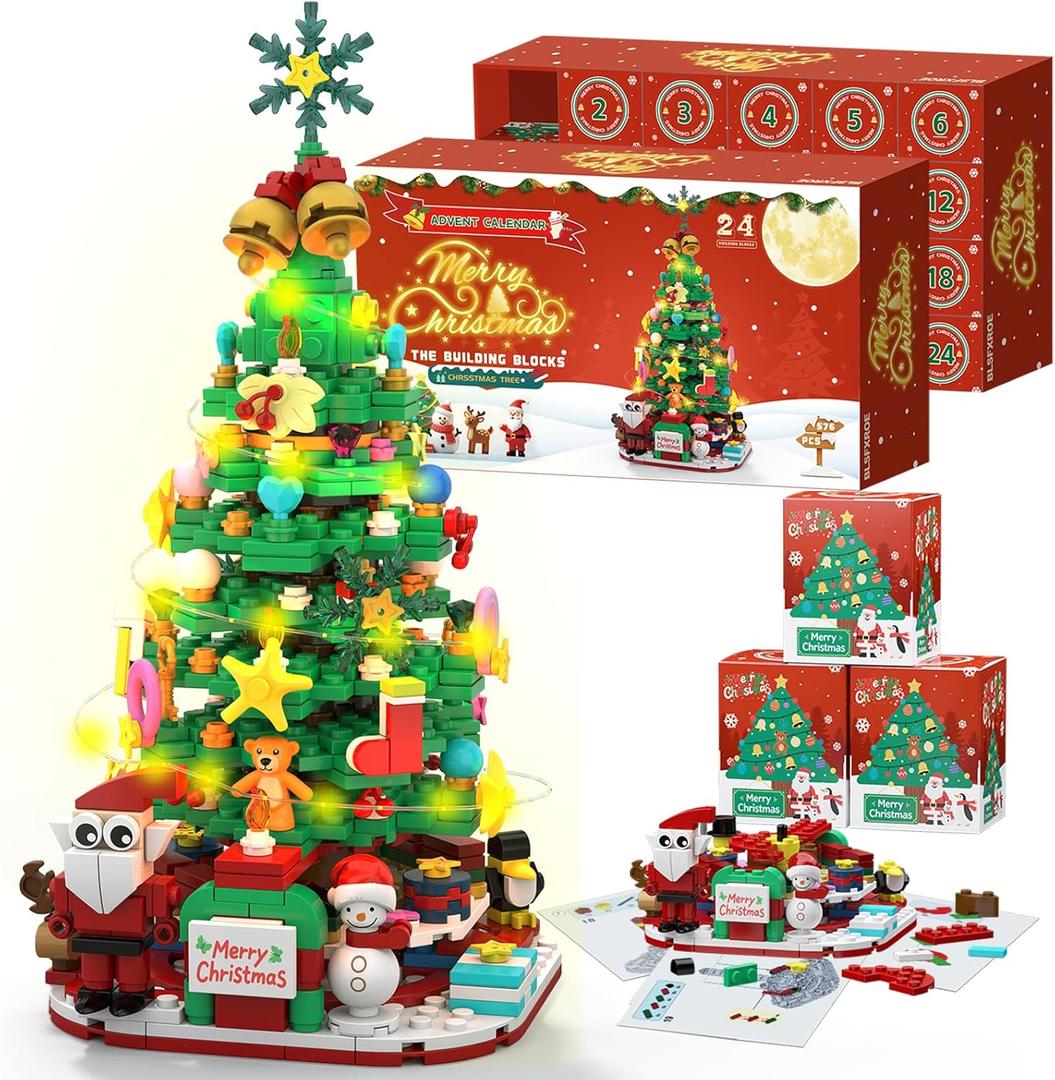 Advent Calendar 2025 Christmas Tree Building Blocks Set with LED Light, 24 Days Christmas Countdown Calendar Christmas Tree Building Blocks Xmas Gifts Toy Decorations for Adults Men Women Kids Teen Girls Boys