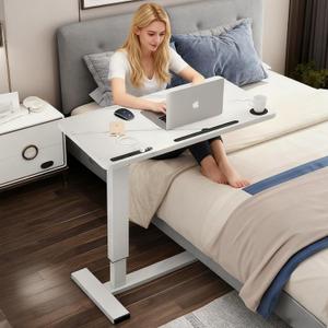 BeGyoku Overbed Table,Hospital Bed Table,Pneumatic Bed Tables Adjustable Over The Bed with Hidden Wheels&USB Port,Mobile Laptop Table Cart and Rolling Bedside Table with Tray Hospital Home Use-White, 32" L X 16" W