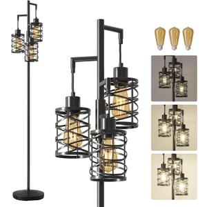 Oneach 70" Industrial Floor Lamp, Stepless Dimmable Standing Lamp with 3 Bulbs, Farmhouse Corner Standing Tree Lamp for Living Room, Tall Lamps for Bedroom, Office, Study Room, Dining Room, Black