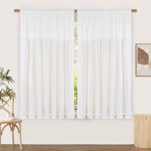Likiyol Linen Curtains for Living Room 63 Inch Length Farmhouse Window Curtains for Bedroom with Ruffle Light Filtering Curtain Rustic Country Drapes Rod Pocket Window Treatments, White, 2 Panels
