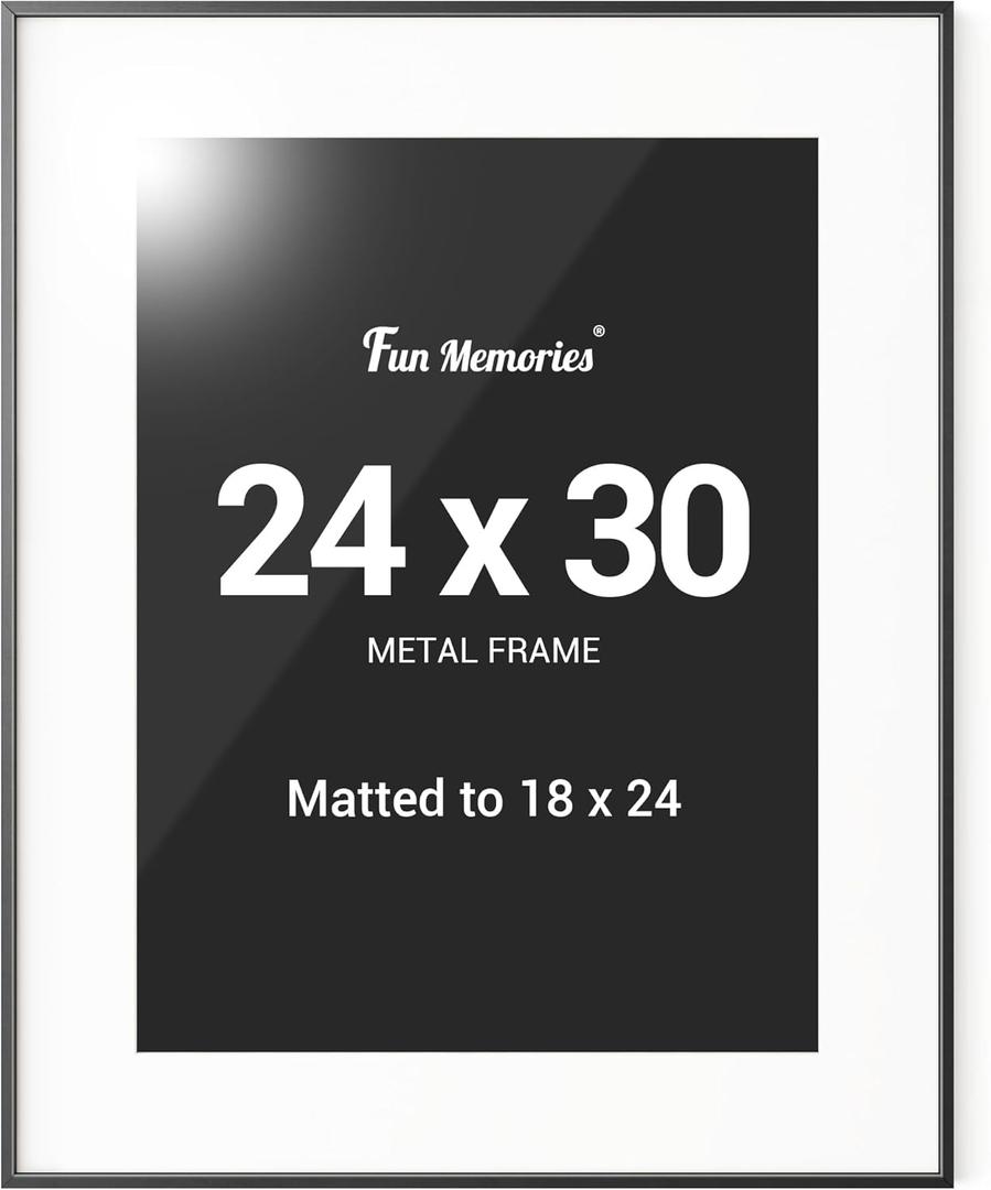 Fun Memories 24x30 Black Frame, 24 x 30 Aluminum Poster Frame with Mat for 18x24 Photo - High Definition Plexiglass - Vertical and Horizontal Display - Wall Hook Hanging Hardware Included -Set of 1