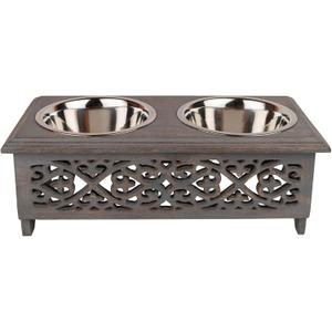 GoCraft Raised Dog Bowls for Small Dogs | Elegant Farmhouse Grey Washed Elevated Wooden Stand Feeder with 2 Stainless Steel Bowls for Your Pet Food & Water