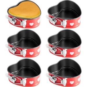 Hoolerry 6 Pcs Mini Heart Springform Pan 4 Inch Heart Shape Mini Cheesecake Pans Non Stick Cake Mold Small Cake Mold with Drop Bottom for Air Fryer Pressure Cooker Baking (Pattern,Red)