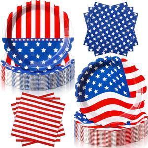 96 Pcs 4th of July Tableware Set for 48 Guests Include 48 Pcs 7 Inch Dessert Plates and 48 Napkins Patriotic American Star Flag Dinnerware for Memorial Day Independence Day Party Supplies
