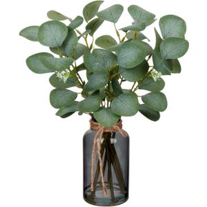 Briful Artificial Eucalyptus Stems in Black Glass Vase with Faux Water, 14" Fake Plant Eucalyptus Leaves for Home Office Farmhouse Wedding Centerpiece Décor