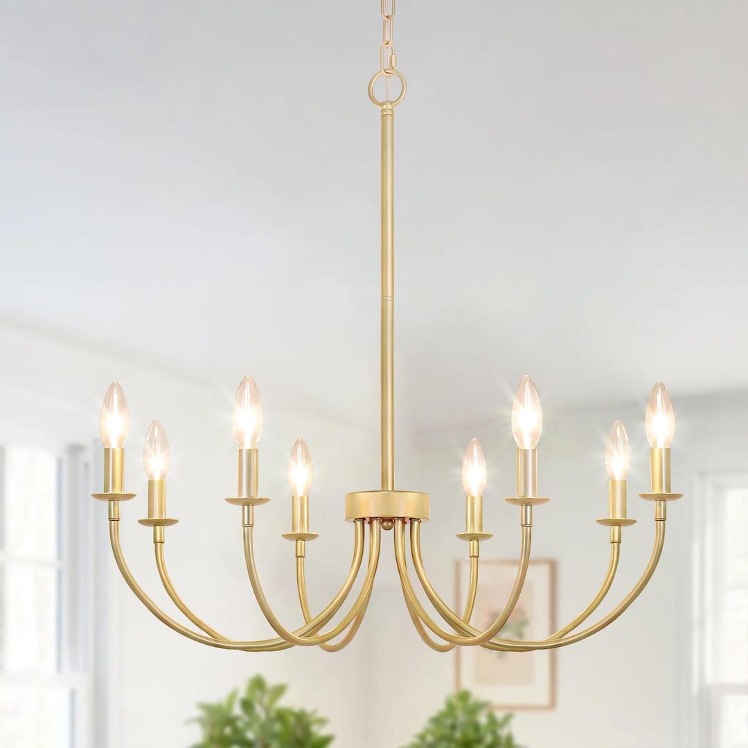 Gold Chandelier, 8-Light Farmhouse Chandeliers for Dining Room, Farmhouse Dining Room Light Fixtures, Modern Candle Chandelier Light Fixtures for Bedroom, Foyer, Living Room, Entryway