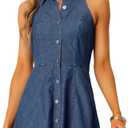 Allegra K Lightweight Denim Dresses for Women's Button Down Sleeveless Halter Neck Jean Dress (X-Large, Blue)