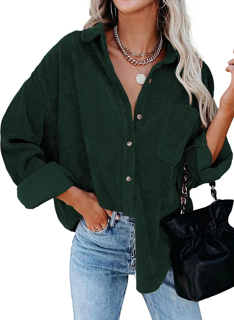 Dokotoo Women's Corduroy Button Down Shirts Boyfriend Long Sleeve Oversized Blouses Tops (Medium, 1 Green01)