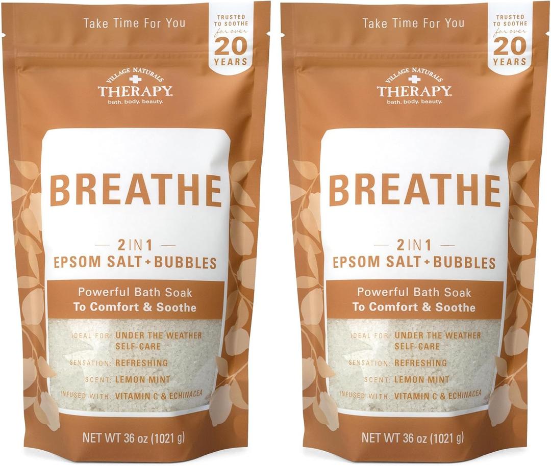 2 x Village Naturals Breathe Foaming Body Soak, Epsom Salt, Essential Oils, Soothing Bubbles, Sea Salt 36 oz, Pack of 2