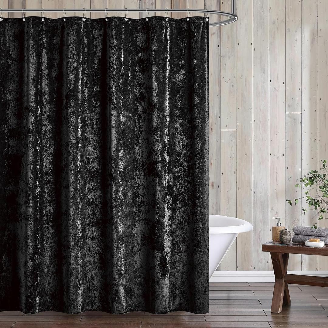 Fredsure Distressed Velvet Shower Curtain Set, 13 Pieces Black Including 1 Piece 72"x72" Shower Curtain and 12 Pieces Silver Hooks