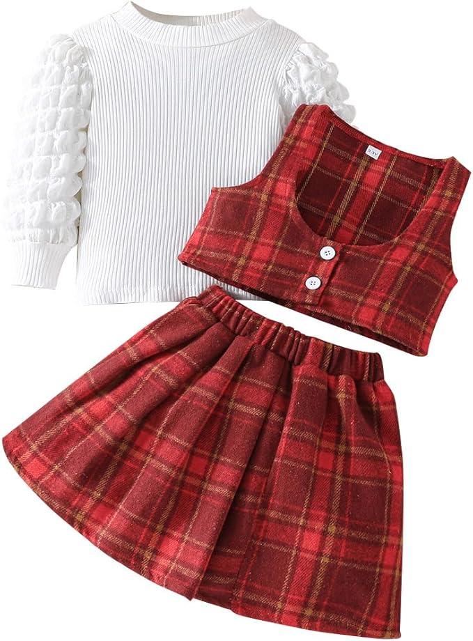 Guodeunh Toddler Girls Christmas Outfits Girls Puff Sleeve Knit Ribbed Tops Button Down Vest Plaid Skirt Set Winter Clothes (Red, 8 Years)