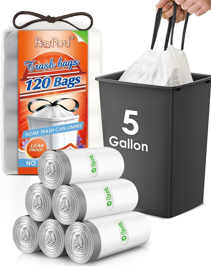 5 Gallon 120 Counts Strong Drawstring Trash Bags Garbage Bags by RayPard, Small Plastic Trash Bags fit 18-20L Trash Can for Home Office Kitchen Bathroom Bedroom, White Waste Basket Liners
