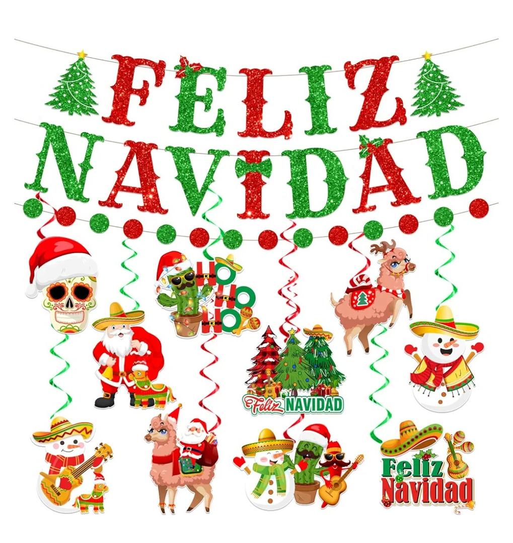 Mexican Christmas Decorations Feliz Navidad Banner & Hanging Swirls, Pack of 4