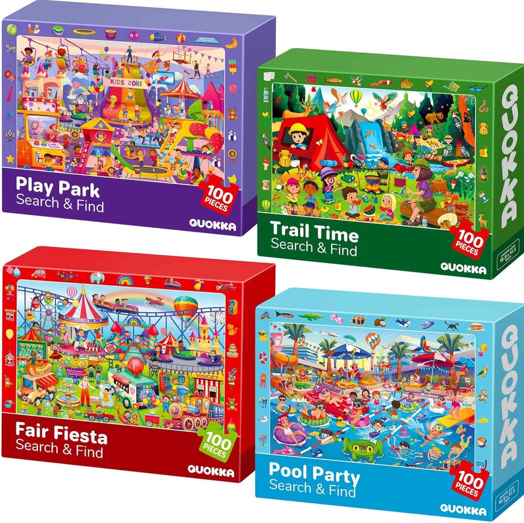 QUOKKA 100 Piece Puzzles for Kids Ages 4-6 4xSET Search and Find Kids Puzzles Ages 5-8 Artist-Crafted Illustrations, Hidden Objects, Unique Jigsaw Shapes, Educational Activity for Learning & Play