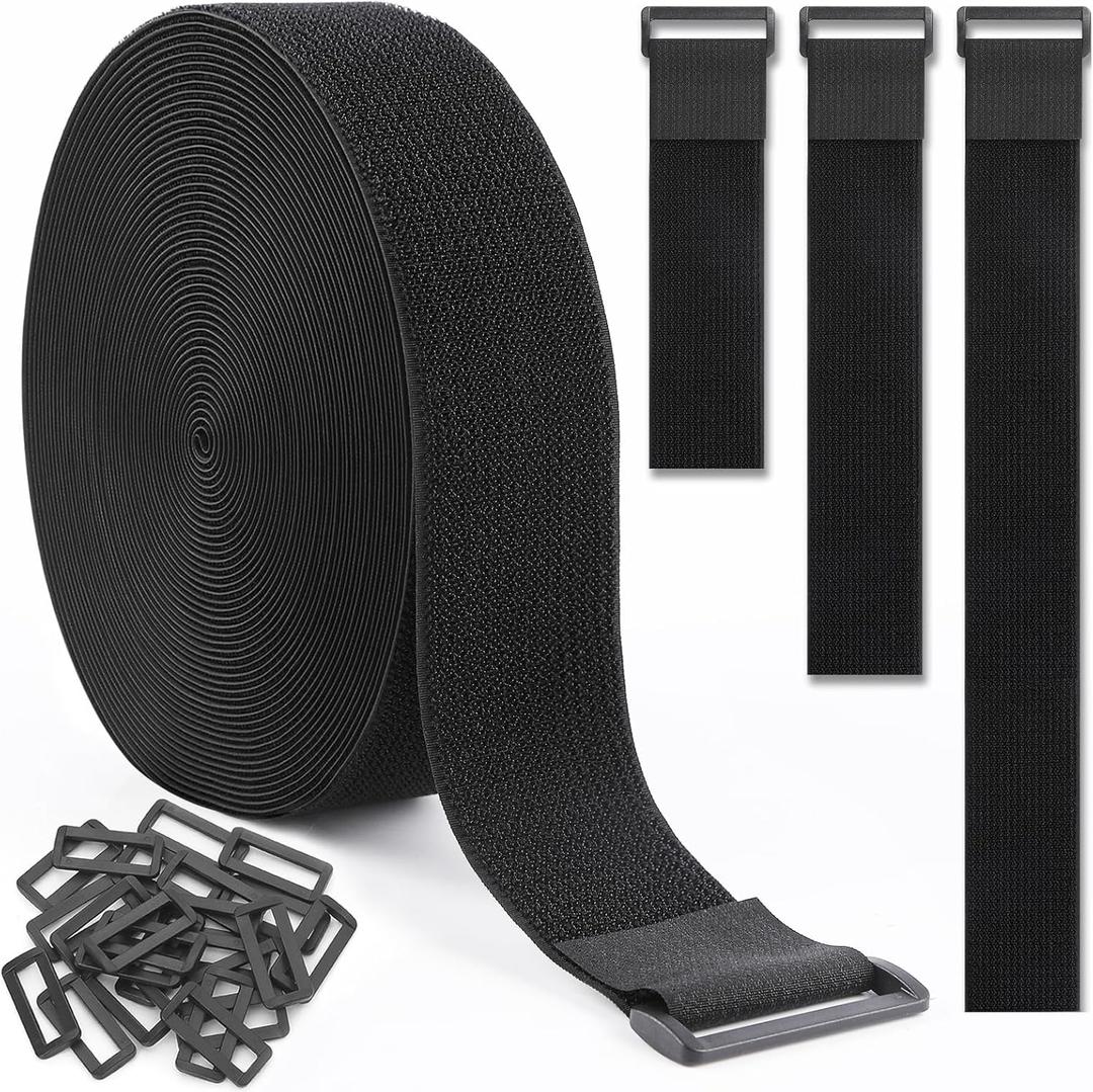 2In x 39Ft Cinch Straps Nylon Heavy Duty with 50 Buckles, Cut to Length, Black Hook and Loop Straps, Reusable Long Cable Ties for Storage and Cord Organizer