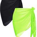 1 Pieces Sarong Cover Ups for Women Beach Bathing Suit Wrap Sheer Short Skirt Bikini Chiffon Scarf for Swimwear (Fluorescent Green & Black)