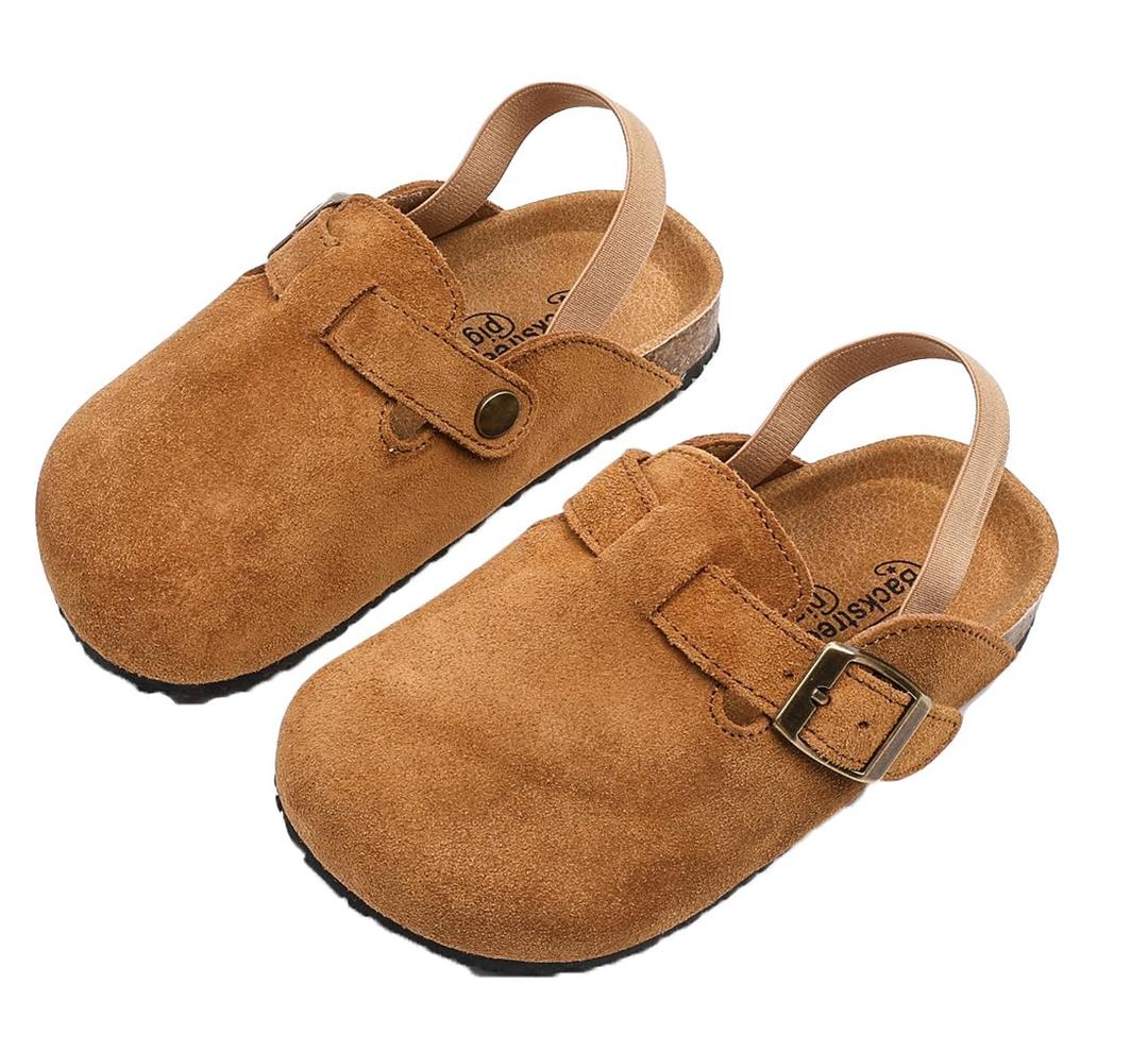 Toddler Suede Clogs with Strap Kids Suede Clogs Slippers Adjustable Straps for Boys Girls Indoor & Outdoor Slip-on Kids Shoes Brown (Brown)