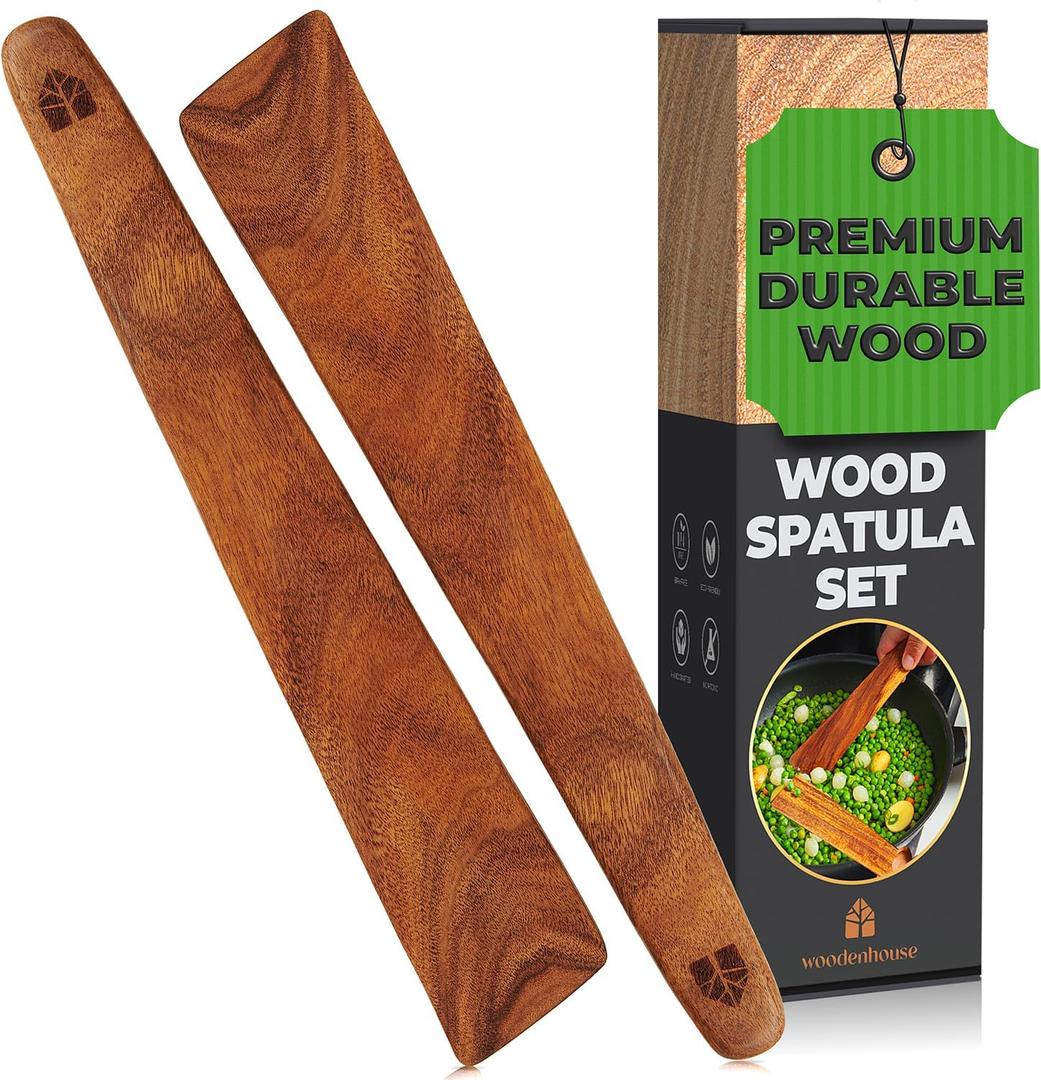 12 inch Teak Wood Spatula for Cast Iron, Small Wood Flipper, Egg Scraper, Flat Wooden Turner, Multipurpose Wood Cooking Utensil, Spatulas Perfect for Flipping, Serving, Scraping & Turning. Set of 2