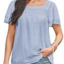 Falechay Plus Size Tops for Women Casual Summer Ruffle Short Sleeve Eyelet Chiffon Babydoll Lace Floral Crochet Blouse Bohemian Square Neck Blue XXL