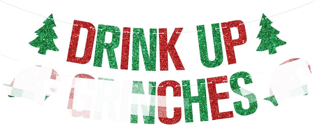 2 x Drink up Grin*hes Banner, Gri*ch Xmas Party Decorations, Merry Christmas, Winter Holiday Christmas Grin*hmas New Year Party Photo Props Decorations Supplies