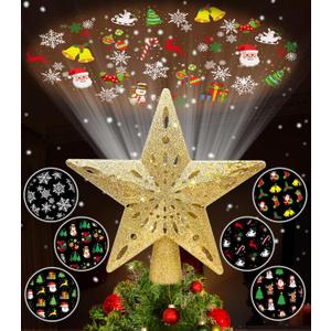 Christmas Tree Topper Lighted, Star Tree Topper with Projector Built-in LED Rotating Lights with 6 Projection Modes,3D Glitter Dynamic Projection Christmas Decorations (Gold)