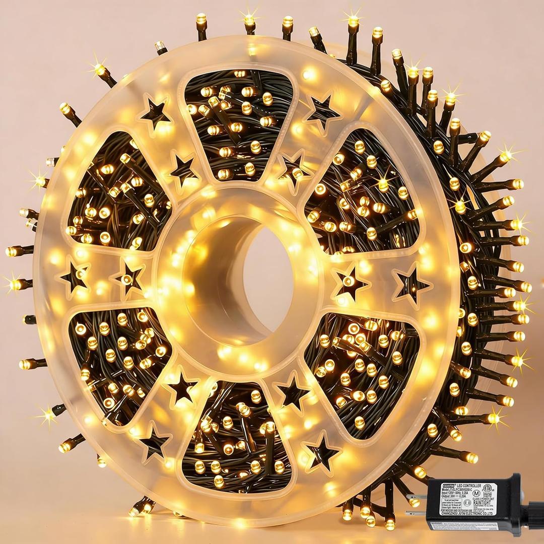 YEGUO 165ft 500 LED String Lights Outdoor Waterproof, Warm White Christmas Lights Indoor, 8 Modes Green Wire Twinkle Xmas Tree Lights Plug in with Memory Timer